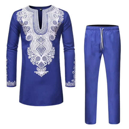 African Men's Shirt Pants Set Metallic Print Tops Long Sleeves Clothing V Neck Matching Traditional Suit With Trouser For Men