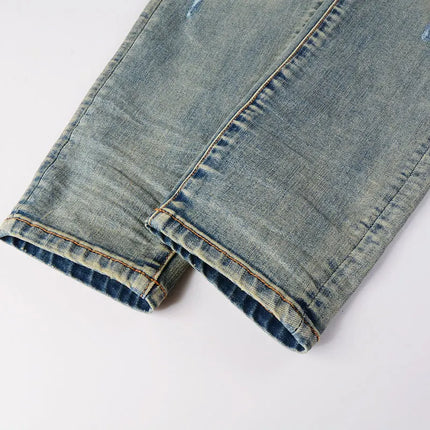 Men Stretch Slim Fit Ripped Jeans with Leather Patchwork