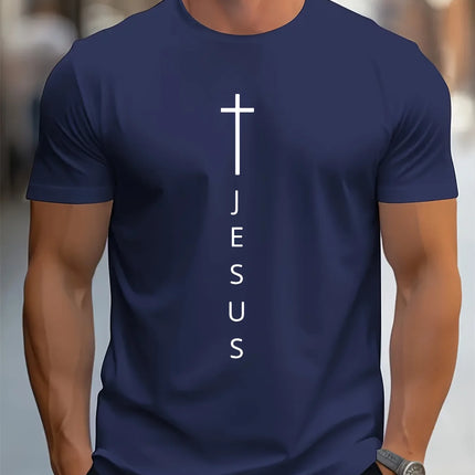 Men's Summer 100 Cotton Fashionable Casual Loose Large Cross and Jesus Letter Printed Sports Round Neck Short Sleeve T-shirt Top