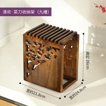 Solid Wood Knife Rack Kitchen Accessories Knife Organizer Wooden Ventilated Drainage Carved Skeleton Mortise and Tenon Design