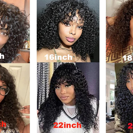 30 inch Water Wave Human Hair Wigs With Bangs Glueless Fringe Wig Kinky Curly Bob Wig with Bangs Full Machine Made Wig 180%