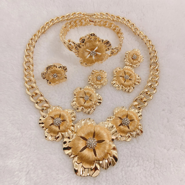 Big Style Flower Women Jewelries Set Factory Necklace Earrings Bangle Ring Wedding