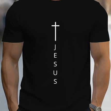 Men's Summer 100 Cotton Fashionable Casual Loose Large Cross and Jesus Letter Printed Sports Round Neck Short Sleeve T-shirt Top