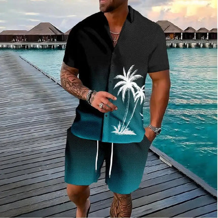 Hawaiian Vacation men's Fashion set, 3D flip-top Printed short-sleeved shirt, Casual Beach Capre Set