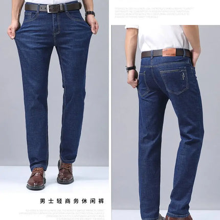 Summer Thin Men's Elastic Cotton Jeans Fashion Blue Comfortable Business Straight Casual Pants Brand Male Clothes Trousers