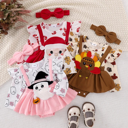 Baby Girl Festival Clothes Outfit Ruffle Trim Patch Long Sleeve Romper Dress with Bow Headband 2 Piece Set for Toddlers