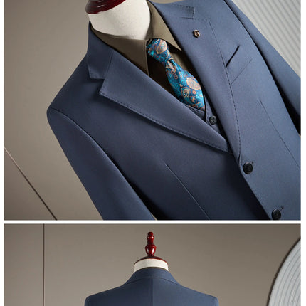 15% high-end wool suit for men, fashionable and stylish wedding, British-style business casual gray-blue suit three-piece set