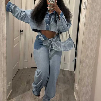 2 Piece Matching Set Spring Streetwear Button Top and Jeans Female Sexy Denim Pant Suits for Ladies wholesale Dropshipping