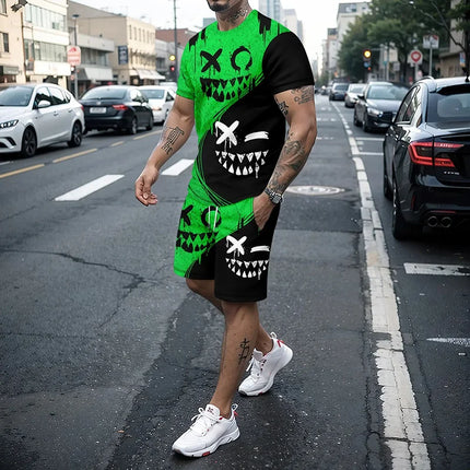 Funny 3D Demon Face Print Men Short Sleeve T-Shirt Shorts Two Piece Sets Hip Hop Trend Harajuku Streetwear Summer Casual Outfit