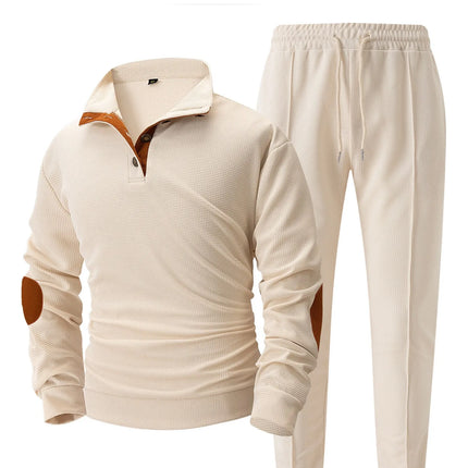 Men's new autumn style American stand-up collar button elbow patch color-block long-sleeve hoodie and pants set