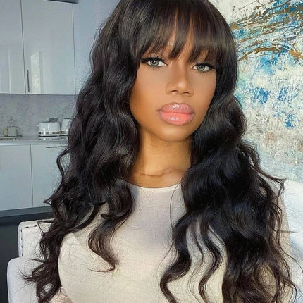 Body Wave Human Hair Wigs With Bangs For Women Full Machine Made Fringe Wig Pre Plucked Cheap Hair Wigs On Sale Clearance