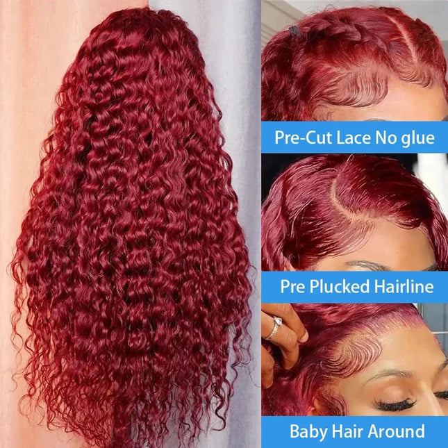 Deep Wave 99J Burgundy 13x6 Transprent Lace Frontal Wig Human Hair 13x4 Curly 30 40 Inch HD Lace Front Wigs Red Wine Water Wave
