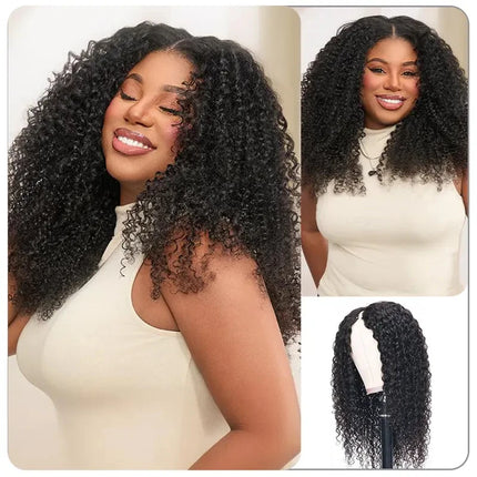 Kinky Curly Hair V Part Wigs No Leave Out Thin Part Human Hair Wigs For Beginners Afro Curly Glueless V Part Wigs Black Wig