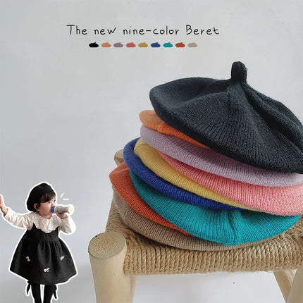 Fashion Baby Knitted Beret Hat Solid Color Children's Warm Hats Autumn Winter Painter Cap For Girls Kids Bonnet Accessories
