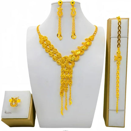 France Ethiopian Gold Color Jewelry Set For Women Dubai Necklace Bracelet Earrings Ring Set African Wedding Choker Wholesale