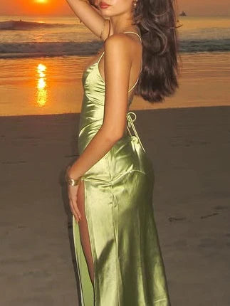 Satin Ball Gown Women's Long 2025 Spaghetti Strap Mermaid Formal Evening Gown With Slit