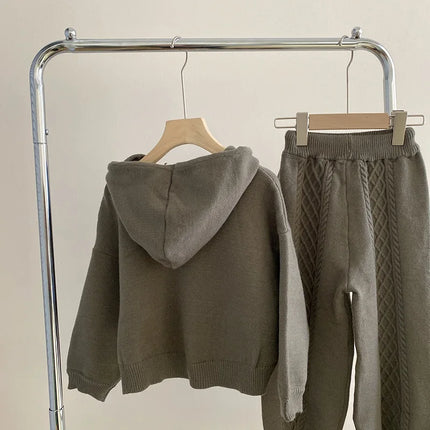 Children Clothing 2022 Autumn Winter Girls Casual Sweater Set Hooded Knitted Coat and Pants Two Piece Set Korean Kids Clothes