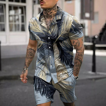 Hawaiian Vacation men's Fashion set, 3D flip-top Printed short-sleeved shirt, Casual Beach Capre Set
