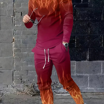 Spring And Fall Men's Long Sleeve Pant 2pcs Sets Red And Blue Striped 3D Print Man Set Everyday Fashion Men Long Sleeved T-shirt