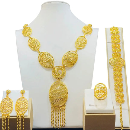 France Ethiopian Gold Color Jewelry Set For Women Dubai Necklace Bracelet Earrings Ring Set African Wedding Choker Wholesale