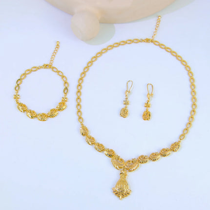 Luxury Dubai Wedding Jewelry Set 21k Gold Plated Arab Bridal Gold Necklace Bracelet Earrings Brazilian Women Vintage Jewelrys
