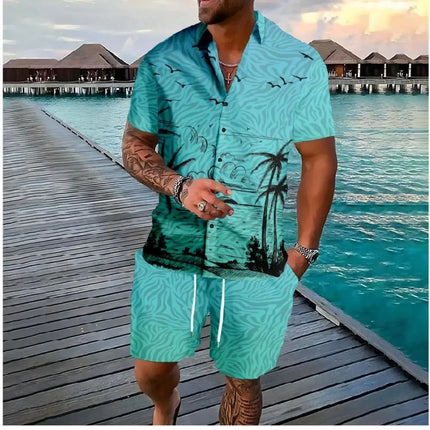 Hawaiian Vacation men's Fashion set, 3D flip-top Printed short-sleeved shirt, Casual Beach Capre Set