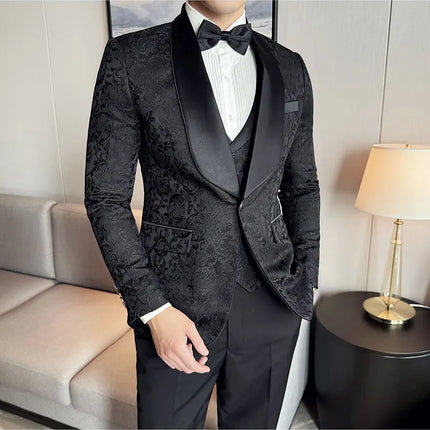 New (Blazer+vest+pants) for Men. Fashion. Casual. British Style. Singer Performance. High Density Jacquard Wedding Dress. Suit