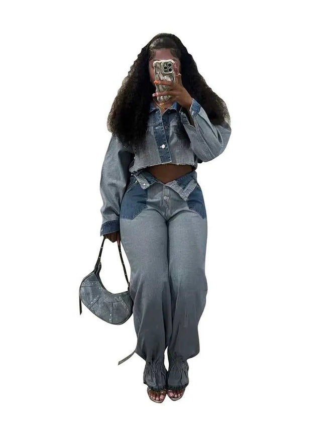 2 Piece Matching Set Spring Streetwear Button Top and Jeans Female Sexy Denim Pant Suits for Ladies wholesale Dropshipping