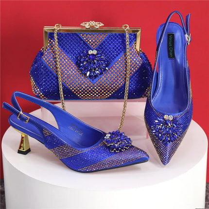 Newest Arrivals Special Design Silver Color African Women Shoes and Bag Set Pointed Toe Pumps for Wedding Party