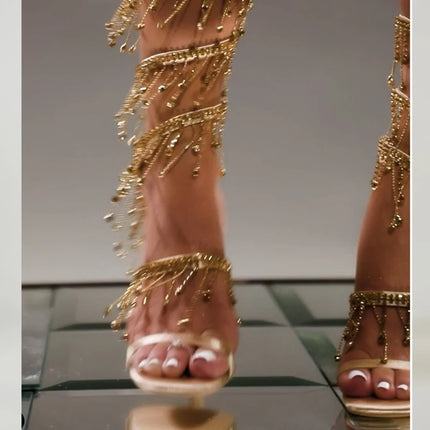 Aneikeh 2026 Fashion Sexy Rhinestone String Bead Ankle Strap High Heels Women Summer Silk Round Toe Open Toe Sandals Party Dress