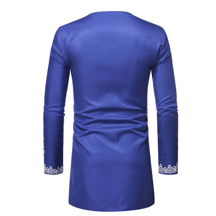 African Men's Shirt Pants Set Metallic Print Tops Long Sleeves Clothing V Neck Matching Traditional Suit With Trouser For Men