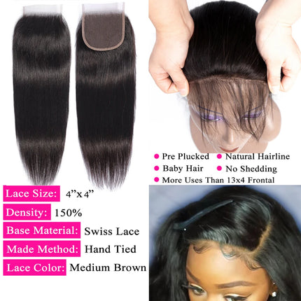 Bone Straight Human Hair Bundles with 13x4 Lace Frontal Tissage Straight Brazilian Weave Bundles With Closure 4x4 with Bundles