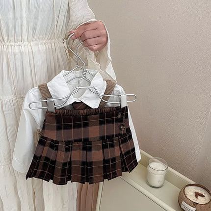 Childrens Clothing Set 2025 Autumn New Item Childrens Shirt Knitted Vest Short Skirt Three Piece Set Toddler Girl Clothes