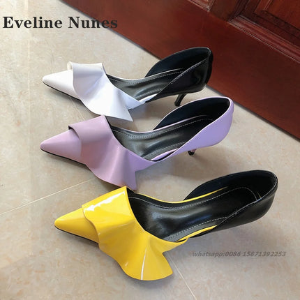Ruffles Patent Leather Women Sandals Pointed Toe Stiletto Cover Heel Side Air High Heels Mixed Colors Slip On Shallow Shoes Sexy