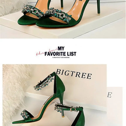 Soft Silk Open Toe Women Sandals 2024 Summer Luxury Crystal Ankle Buckle High Heels Shoes Bride Party Lady Green Red Black Pumps
