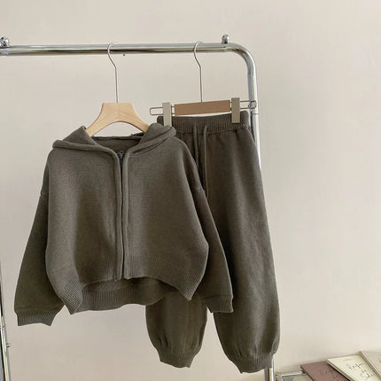 Children Clothing 2022 Autumn Winter Girls Casual Sweater Set Hooded Knitted Coat and Pants Two Piece Set Korean Kids Clothes