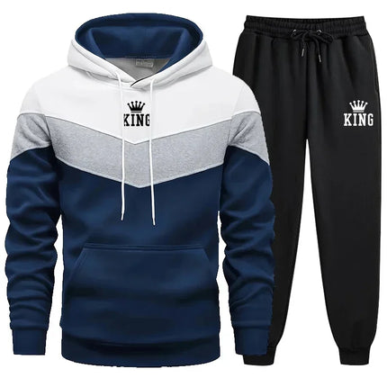 Mens Tracksuit King Printing Sports Suit Sports Hoodie+Pants 2 Piece Suit Casual Sweatshirt Suit Jogging Men's Splicing Clothing