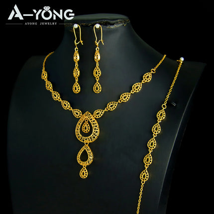 Luxury Dubai Wedding Jewelry Set 21k Gold Plated Arab Bridal Gold Necklace Bracelet Earrings Brazilian Women Vintage Jewelrys