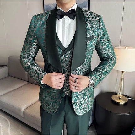 New (Blazer+vest+pants) for Men. Fashion. Casual. British Style. Singer Performance. High Density Jacquard Wedding Dress. Suit