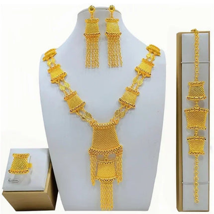 France Ethiopian Gold Color Jewelry Set For Women Dubai Necklace Bracelet Earrings Ring Set African Wedding Choker Wholesale