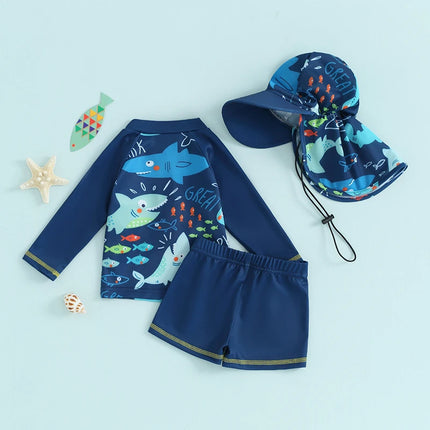 0-5Y Baby Boys Rash Guard Swimwear Fish Print Long Sleeve Zip Tops + Boardshorts + Bucket Hats Bathing Suit Kids Beachwear