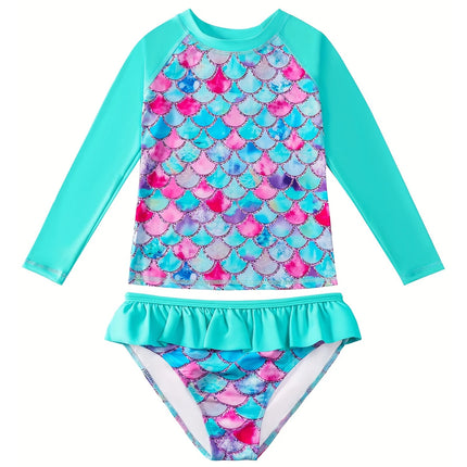 2-Piece Swimsuit Long-Sleeved Swimwear Kids Girl Crew Neck Scale Print Tops & Ruffle Detail Bikini Cut Briefs Swimming Suit 2025