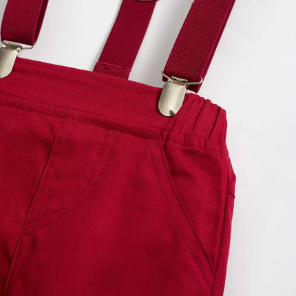 Gentleman Spring Autumn Outfit for Newborn Boy Cotton Baby First Formal Birthday Clothes Solid Pant with Strap Toddler Party Set