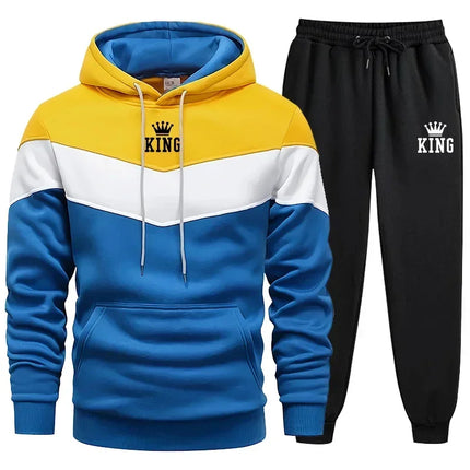 Mens Tracksuit King Printing Sports Suit Sports Hoodie+Pants 2 Piece Suit Casual Sweatshirt Suit Jogging Men's Splicing Clothing