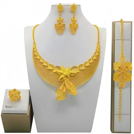 France Ethiopian Gold Color Jewelry Set For Women Dubai Necklace Bracelet Earrings Ring Set African Wedding Choker Wholesale