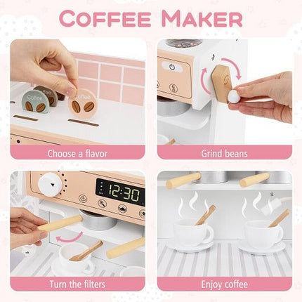 Kids Kitchen Set Wooden with Coffee Makers and Accessories-White-3