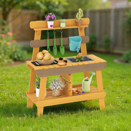 Outdoor Mud Kitchen for Kids Wooden Play Kitchen Toy for Boys Girls Aged 3-8-Yellow-0