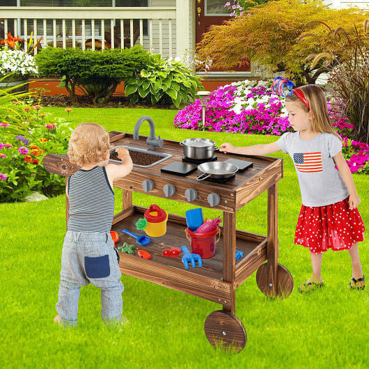 Outdoor Movable Mud Kitchen with 2 Rolling Wheels and 1 Push Handle-Natural-0