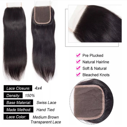 Bone Straight Human Hair Bundles with 13x4 Lace Frontal Tissage Straight Brazilian Weave Bundles With Closure 4x4 with Bundles