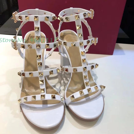 Rivets T-Strap Summer Heels Sandals Women's Luxury Trendy Chunky Heels Sandals Studded Slingback Casual Summer White Party Shoes